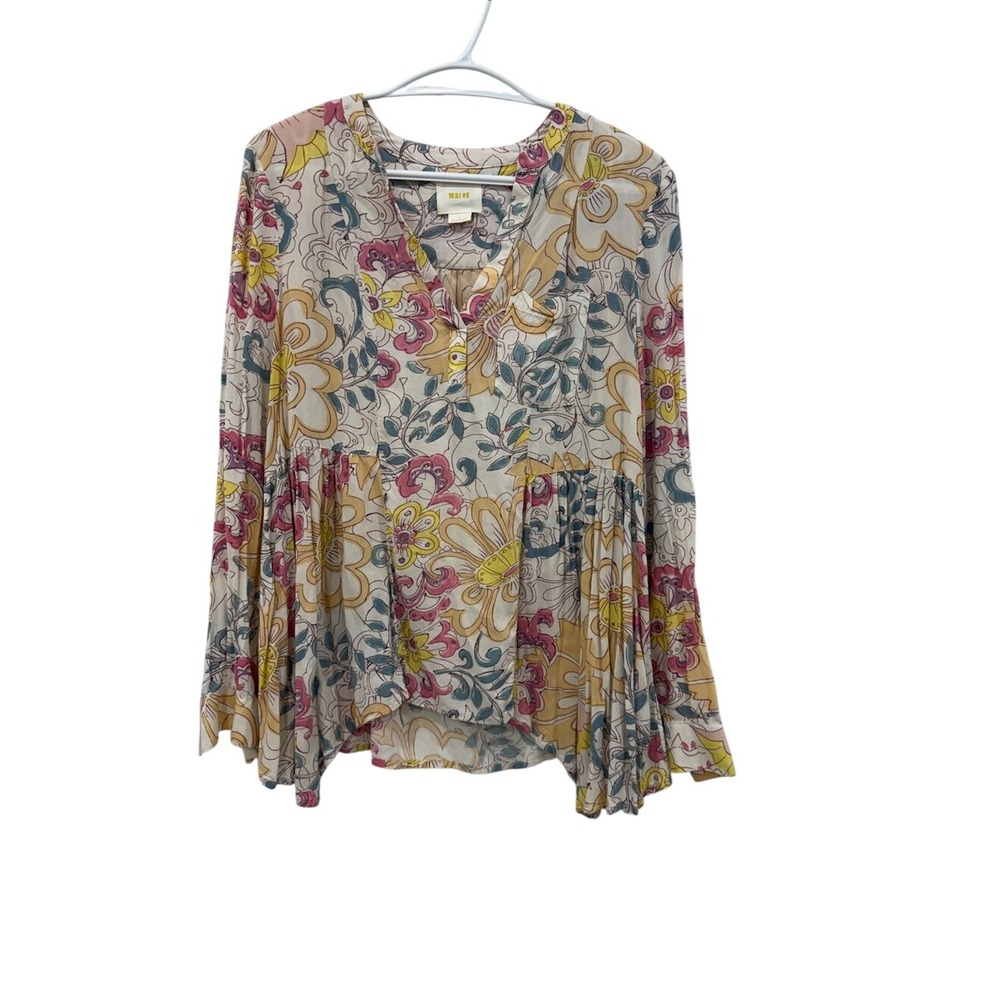 Maeve Anthropologie Size 2 100% Rayon Floral Peplum Blouse Long Sleeve Boho Top